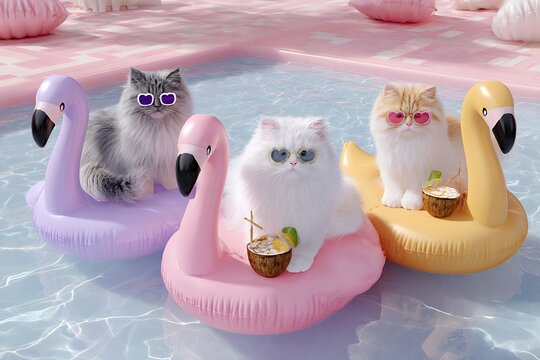 Fluffy cats relaxing on inflatable flamingos in a pool party setting