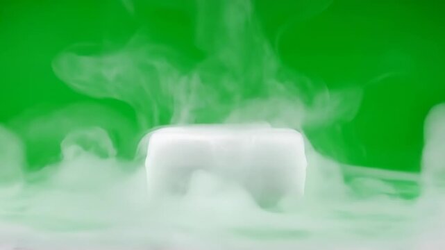A piece of dry ice sublimating and producing thick white fog, isolated on a solid green screen compositing, mist, magic