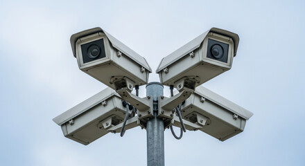 A cluster of four CCTV surveillance cameras mounted on a pole against a clear sky, a perfect image for security, monitoring, safety, and public observation