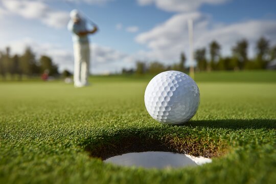 Golf ball near hole with male golfer in background on sunny day