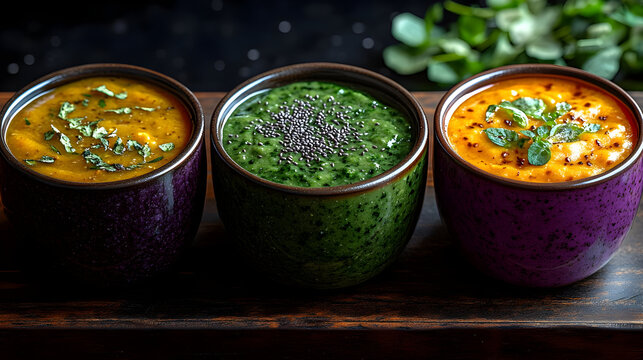 Vibrant Trio of Creamy Soups: A Food Photography Illustration