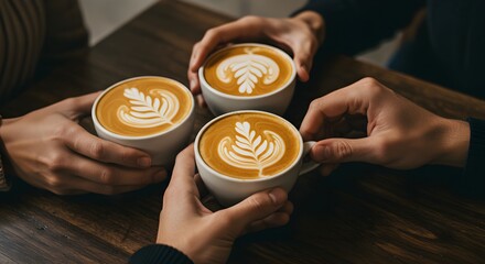 Cozy Coffee Shop Friends Sharing Lattes Latte Art Warm Rustic Caf&eacute; Connection