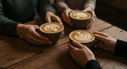 Cozy Coffee Shop Friends Sharing Lattes Latte Art Warm Rustic Caf&eacute; Connection