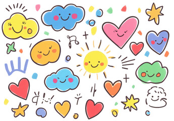 Cute cartoon clouds, hearts, sun and stars isolated on transparent background