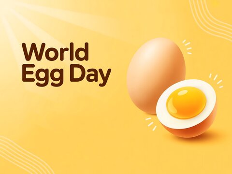 World egg day banner with egg and half egg on yellow background