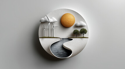 Eco-friendly World: An artistic emblem celebrates nature and green energy, with an artistic display of elements like renewable sources, and tranquil landscape.