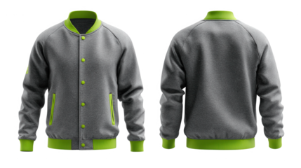 Gray bomber jacket with neon green accents isolated on transparent background