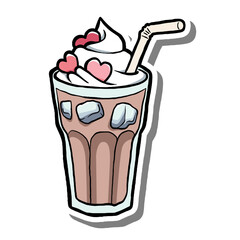 Cute hand-drawn illustration of an Ice  Coffee with Cream decorated with pink hearts and a straw. Perfect for summer, cafe designs, love-themed projects, stickers, and playful graphics.
