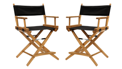 Two black canvas director's chairs, light-colored wood frame, studio style