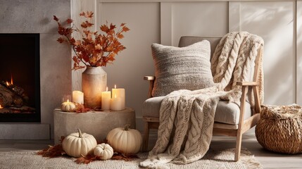 Serene Autumn Interior with Fireplace, Candles, and Rustic Decor