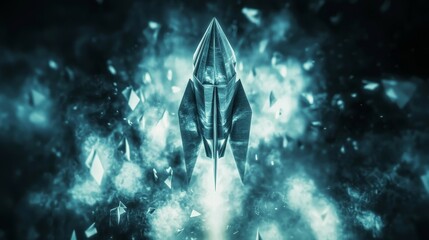 Futuristic Rocket Launching Through Shimmering Crystals and Mystic Clouds in Space