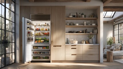 Minimalist Loft Kitchen with Vintage Refrigerator and Light Wood Cabinets