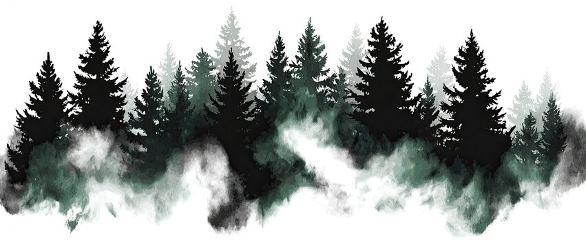 Silhouetted forest with misty green backdrop
