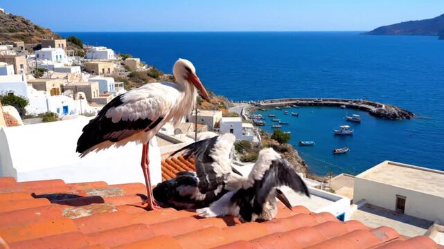 white storks on a mediterranean village rooftop with blue sea