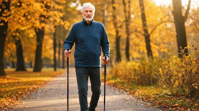 An elderly man strolling along a path, supported by walking sticks amidst autumn foliage.