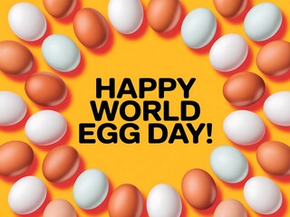 Happy world egg day with eggs frame on yellow background, celebration