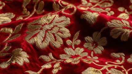 Red velvet fabric with gold floral embroidery