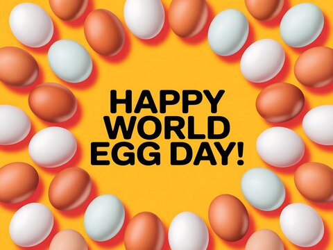 Happy world egg day with eggs frame on yellow background, celebration