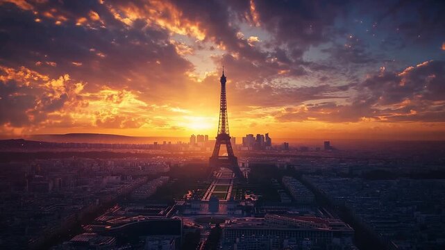 Sunset over Paris with Eiffel Tower and city skyline