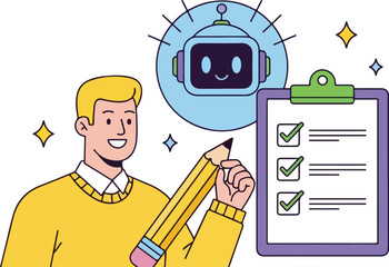 Man completing checklist with robot assistant isolated on white background