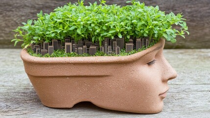 Creative Planter Design Featuring Human Head Shape Filled with Greenery and Cityscape