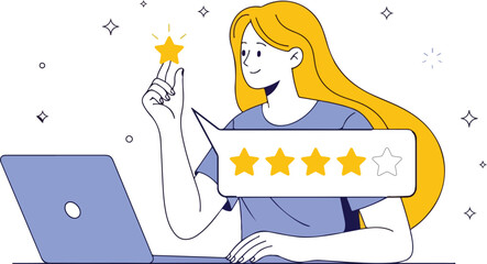 Happy woman giving online feedback with four star rating isolated on white background