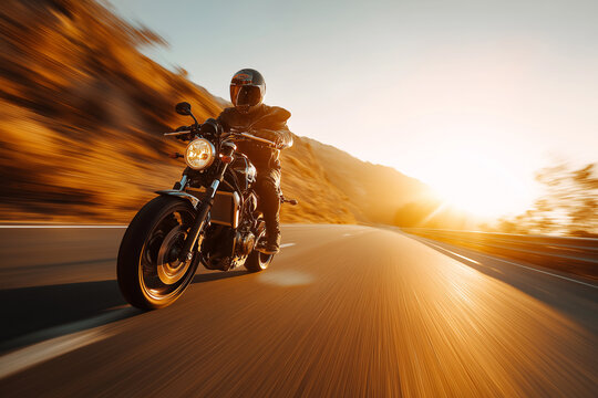 A lone motorcyclist speeds down a sunlit, winding road, symbolizing freedom, adventure, and the thrilling journey of life itself.