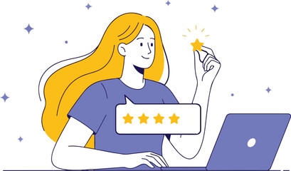 Smiling woman giving online feedback with four star rating isolated on white background