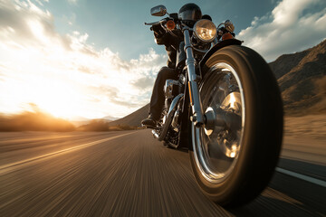A lone motorcyclist speeds down a sunlit, winding road, symbolizing freedom, adventure, and the thrilling journey of life itself.