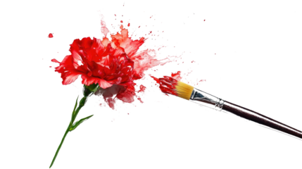 A carnation grows from a paintbrush tip mid-splash, symbolizing artistic bloom and emotional strokes, on white background. png