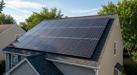 Fototapeta premium Residential rooftop solar panels harnessing sun energy for sustainability