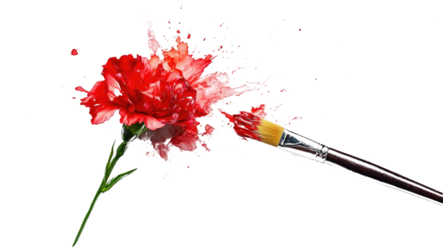 A carnation grows from a paintbrush tip mid-splash, symbolizing artistic bloom and emotional strokes, on white background. png