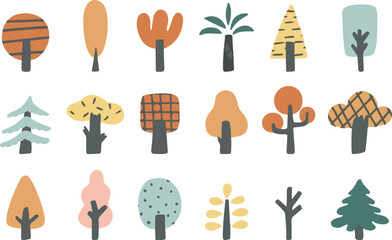 Collection of hand drawn trees on a transparent background for design projects