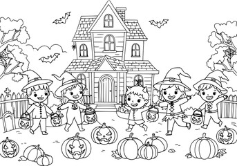 Naklejka premium Cute kids in costumes trick-or-treating, pumpkins, bats, haunted house in the background. No color, no shading, vector line art.