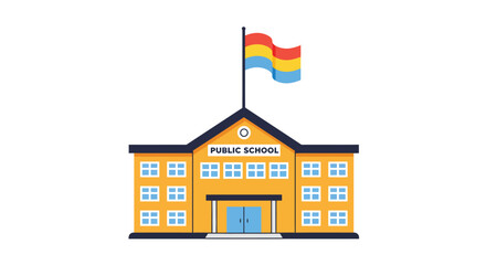 Fototapeta premium Vibrant flat vector illustration of a public school building with flagpole