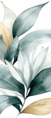 Abstract watercolor botanical illustration of overlapping leaves in muted teal, beige, and white tones