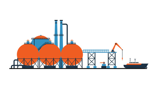 Stylized flat vector illustration of a vibrant liquefied natural gas terminal