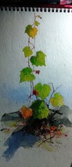 Watercolor painting of a vine with leaves and branches on rocks