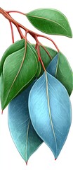Close-up of a eucalyptus branch with vibrant green and teal leaves
