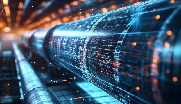 Digital hologram projected on industrial pipeline close-up