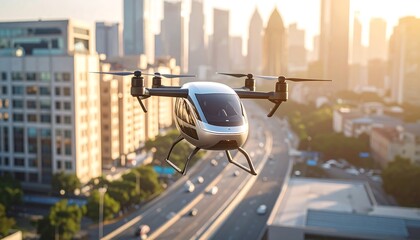 Drone taxi over city at sunrise