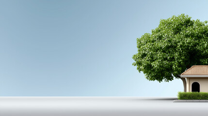 Obraz premium Eco-Friendly Home: A small, charming home is nestled beneath a vibrant, lush tree. Illustrating the concept of sustainable living and harmony between architecture and nature.