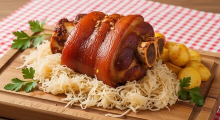 Roasted Pork Knuckle with Sauerkraut and Potatoes.