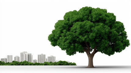 Harmony between nature and the city: A vibrant tree stands tall beside a cityscape. Symbolizing balance between urban development and ecological responsibility.