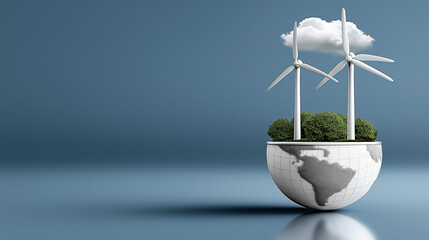 Green Energy Vision: A globe, bisected to reveal flourishing green growth and innovative wind turbines, embodies the hope for a sustainable future. Symbolizing progress in environment.