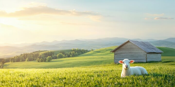 A serene landscape featuring a sheep grazing in a green field with a rustic wooden barn and rolling hills under a warm sunset.