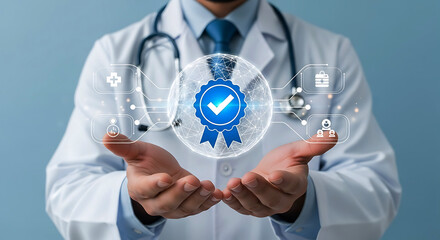 Doctor holding certification icon representing quality assurance and excellence in healthcare service with digital connection for patient care innovation