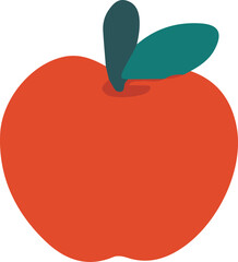 Simple graphic illustration of a ripe red apple with teal leaf transparency