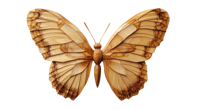 A carved wooden butterfly with open wings on a white background png
