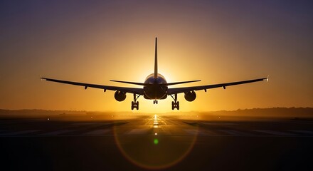 Airplane Landing at Sunset.